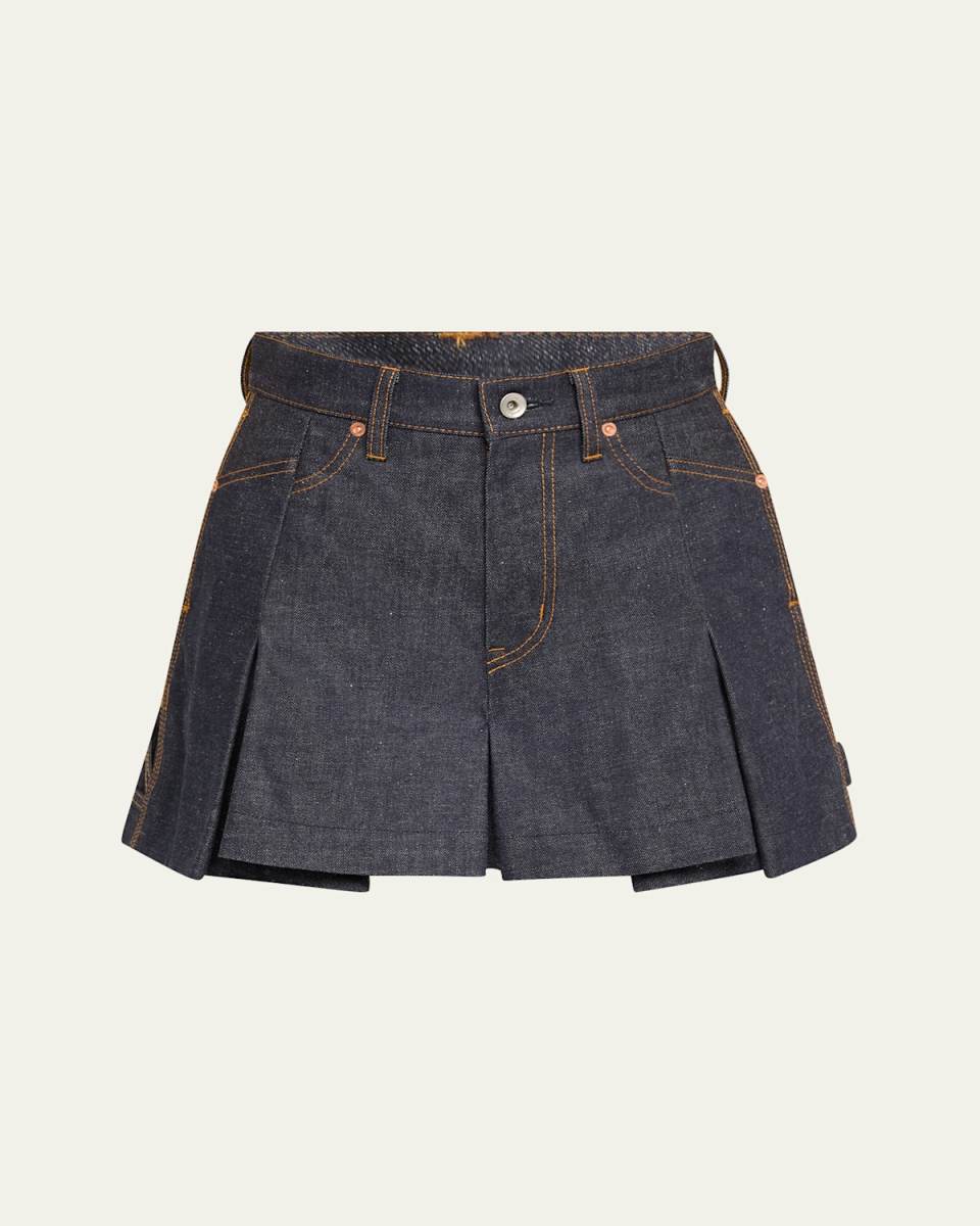 Pleated Denim Mini Skort